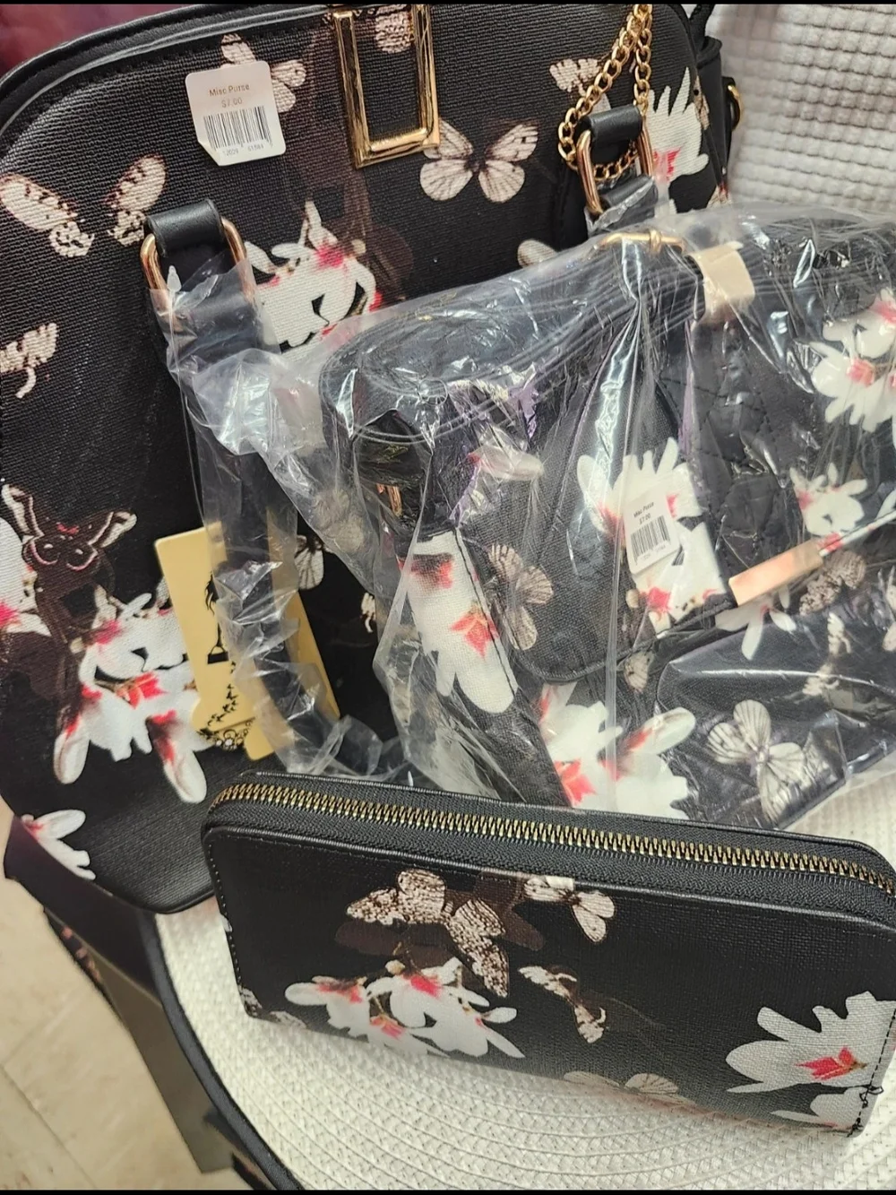 Black Floral Butterfly Tote Crossbody Wallet Set
